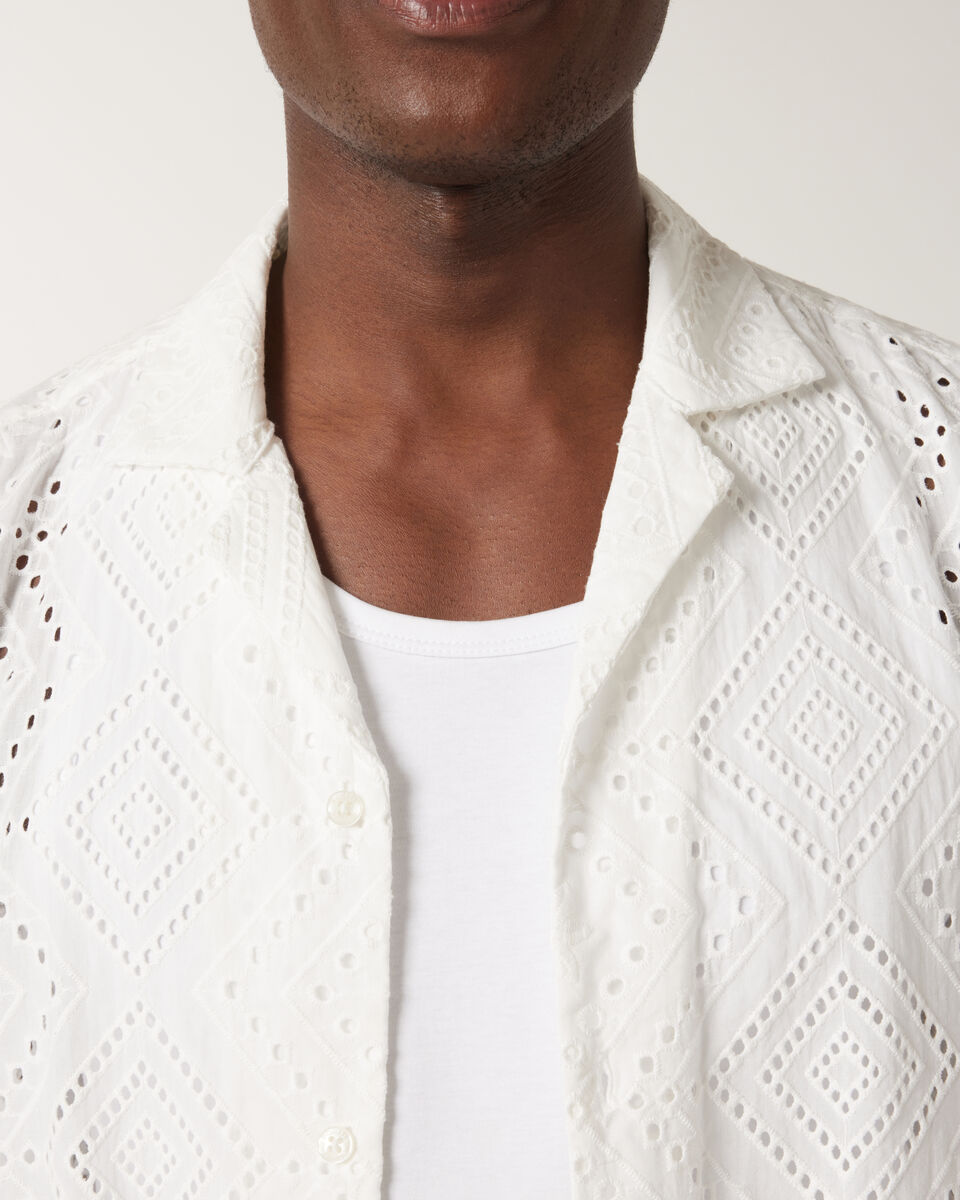 Embroidery Cuban Collar Button-up Shirt, White, hi-res